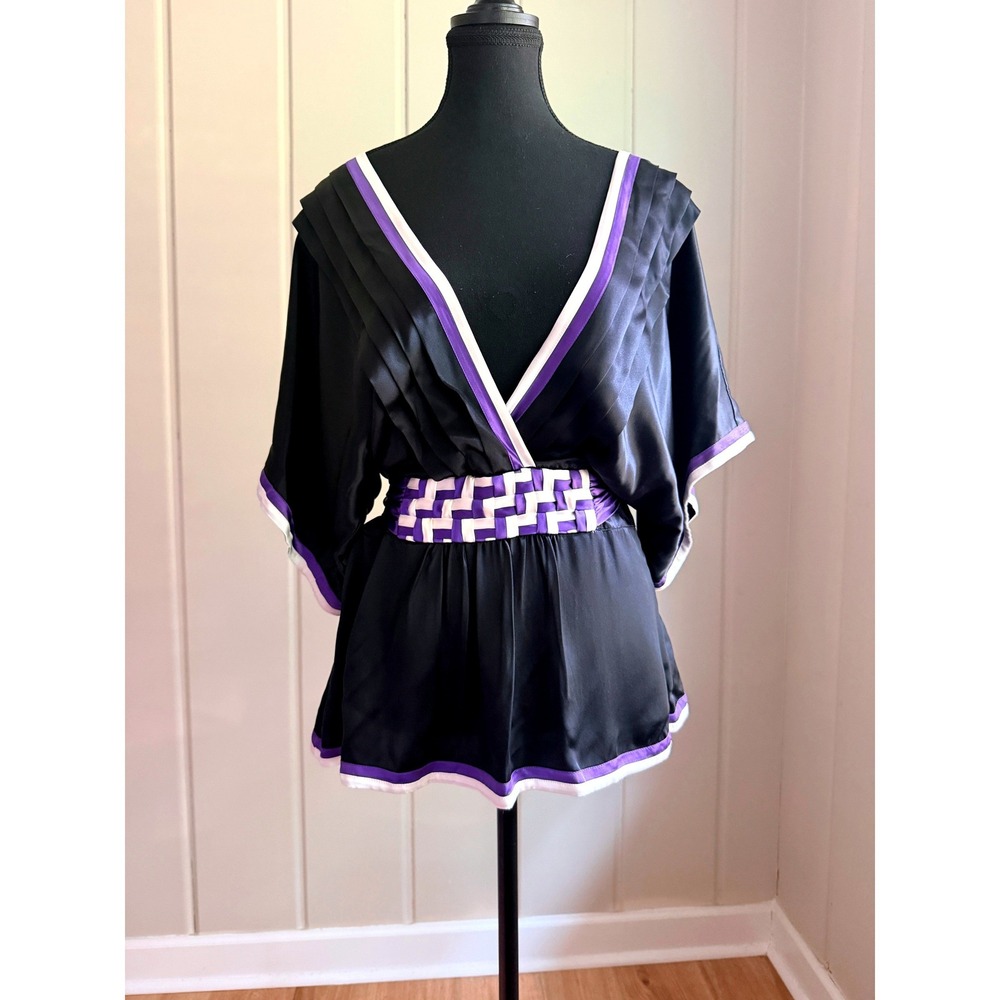 Bebe Kimono Top Black Purple White Colorblock Woven Waist Satin Blouse Y2K L